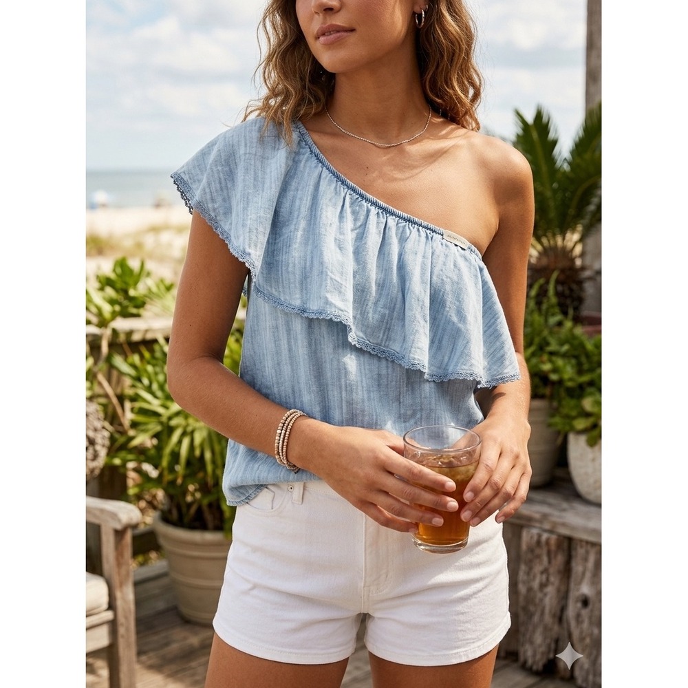 Altar'd State Chambray Blue One Shoulder Ruffle Top Large‎ Lyocell Boho Coastal